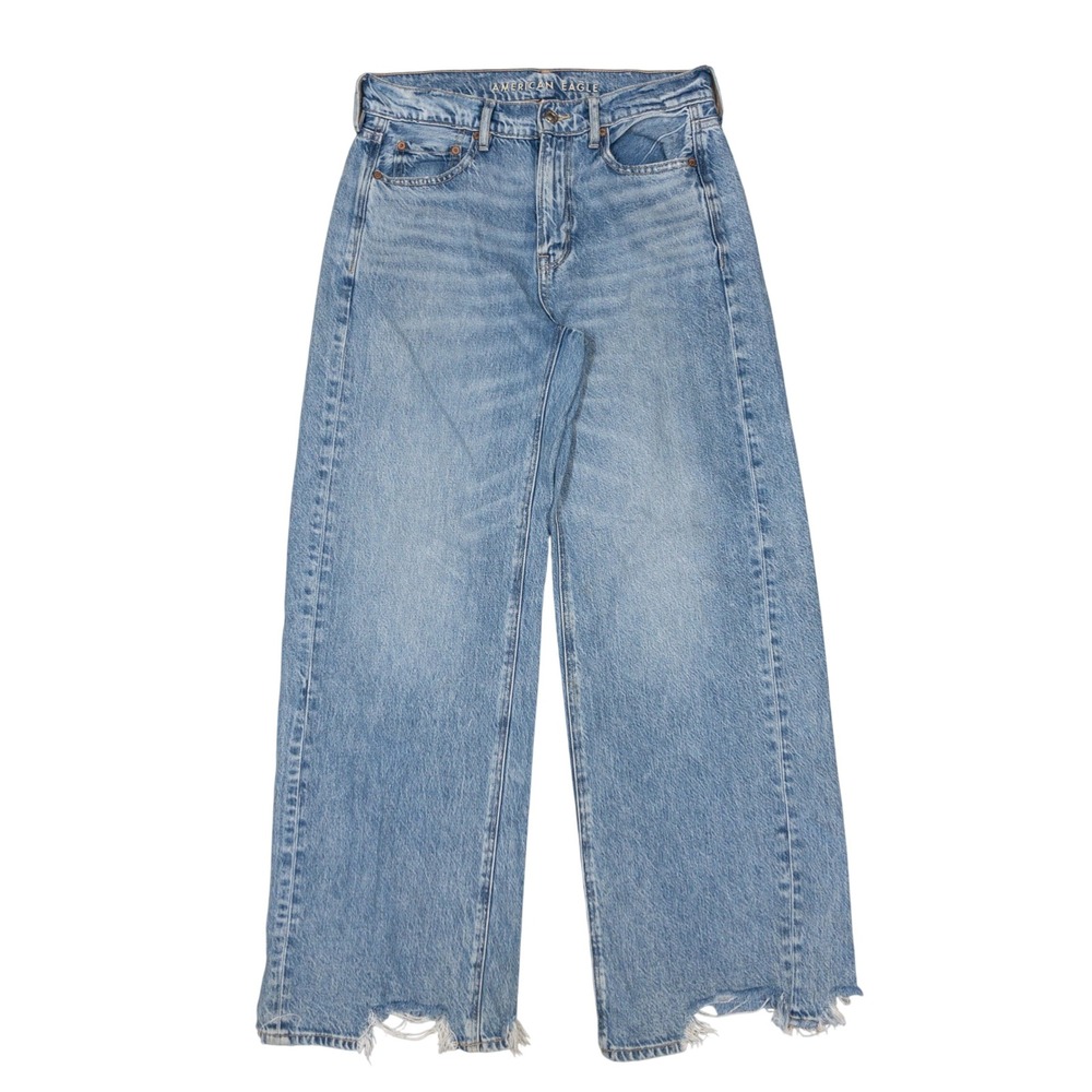 American Eagle Super High Rise Baggy Wide Leg Jeans Womens Size 4 Blue Distress